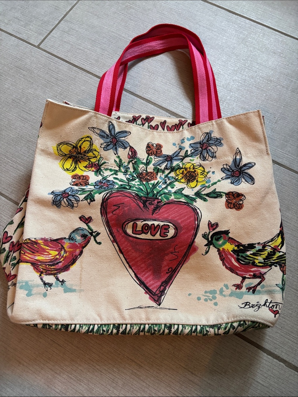 Brighton Tote with Pink Straps and Multicolor Floral Heart - Picture 3 of 5